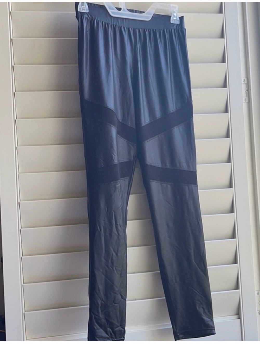 Faux leather leggings Large stretchy, by freckles 37” length,